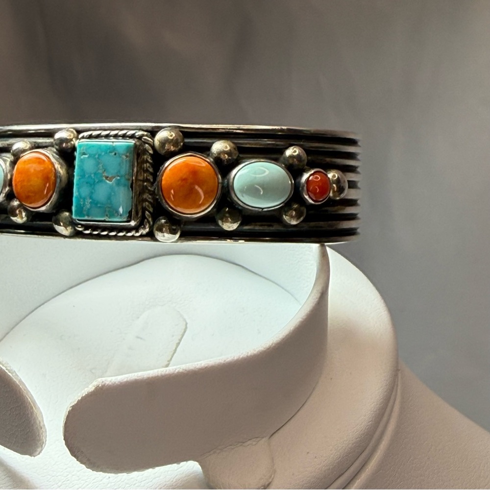 A. Jake Navajo Bracelet Turquoise & Coral Stone Sterling Silver Bracelet 7” NWOT - Picture 3 of 11
